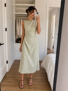 Theory Minimalist Draped Linen Blend Sleeveless Midi Dress Aloe Green Size 2 NWT